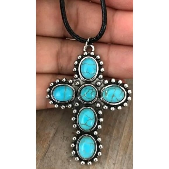 Turquoise Stone Cross Pendant Necklace With‎ Black Cord New - Picture 3 of 4
